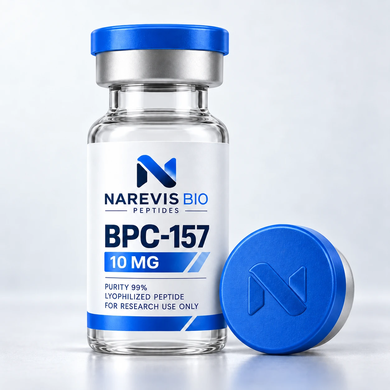 Supplied Narevis vial and blue cap with an embossed brand mark